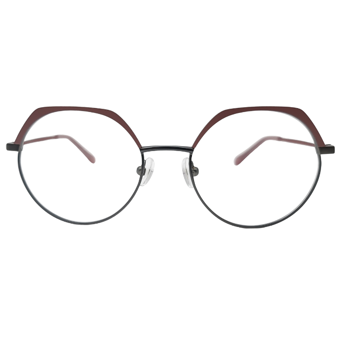 Front view of dual tone wine and black round eyeglasses