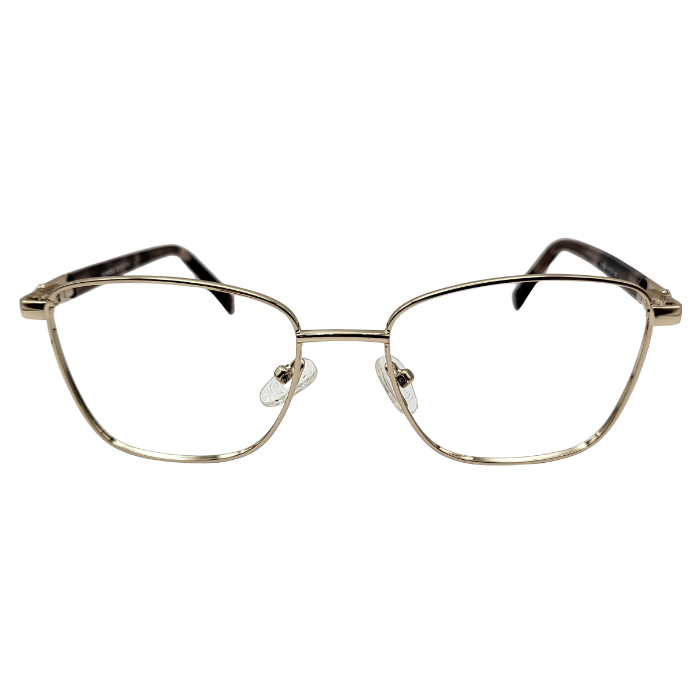 Gold geometric metal eyeglasses with tortoise temples front view