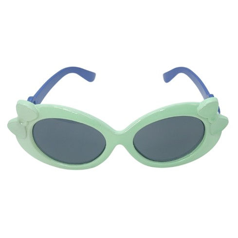 Mint green kids sunglasses with bow detail and blue temples