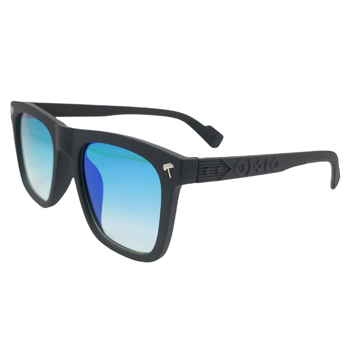 Side view of black square sunglasses with blue gradient lenses