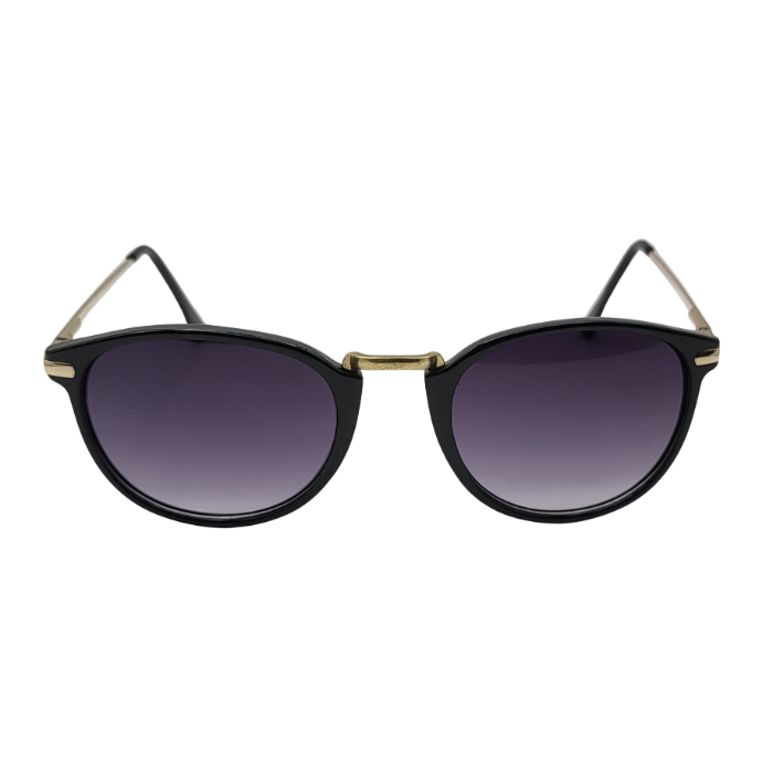 Black round sunglasses with grey gradient lenses and gold temples front view