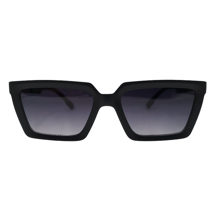 Front view of black square sunglasses with grey gradient lenses
