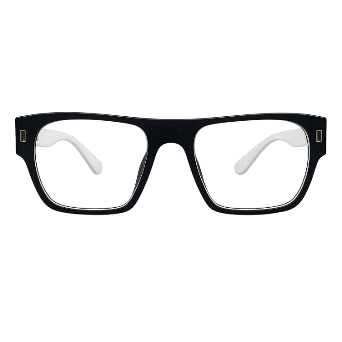 Black front square optical frame with clear temples front view on white background.