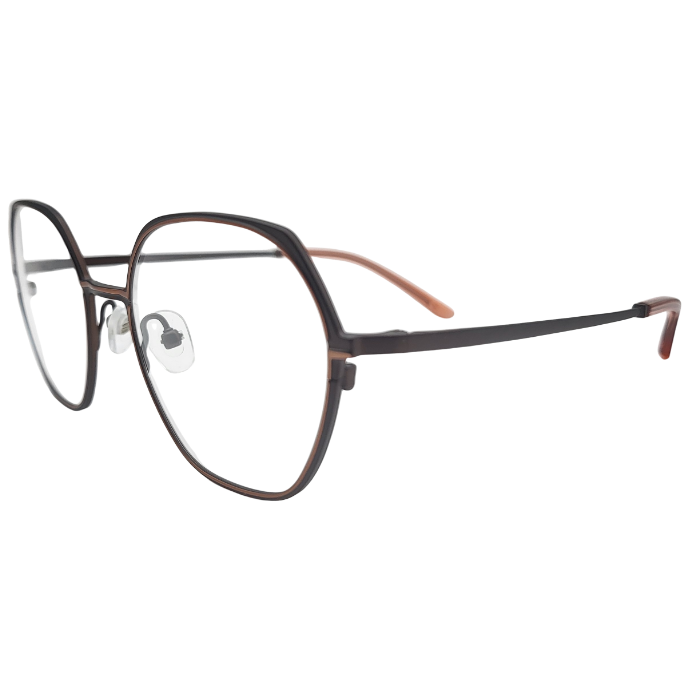 Side view of dual tone brown and black square eyeglasses