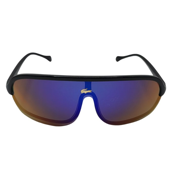 Front view of black sport shield sunglasses with multi-color reflective lenses