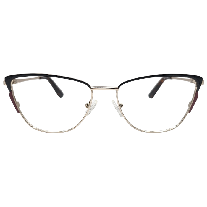 Black gold cat-eye eyeglasses with burgundy accents front view