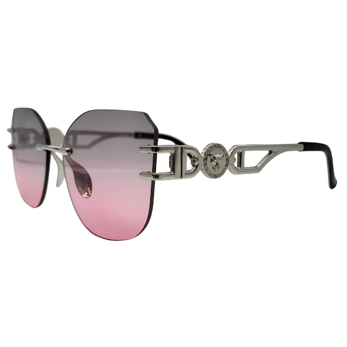 Side angle view of rimless sunglasses with silver detailing