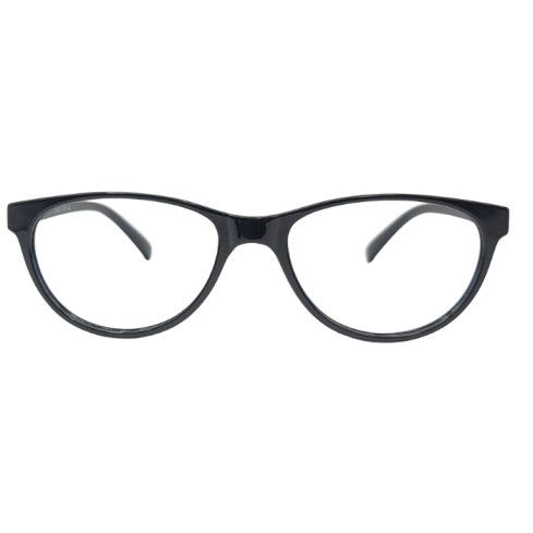 Black cat eye frame glasses with clear lenses front view on white background.
