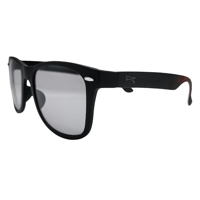 Square black eyeglasses with clear lenses side view