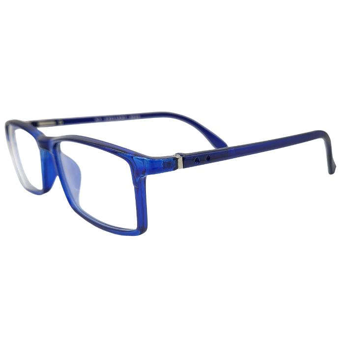 Transparent royal blue rectangular eyeglasses side view