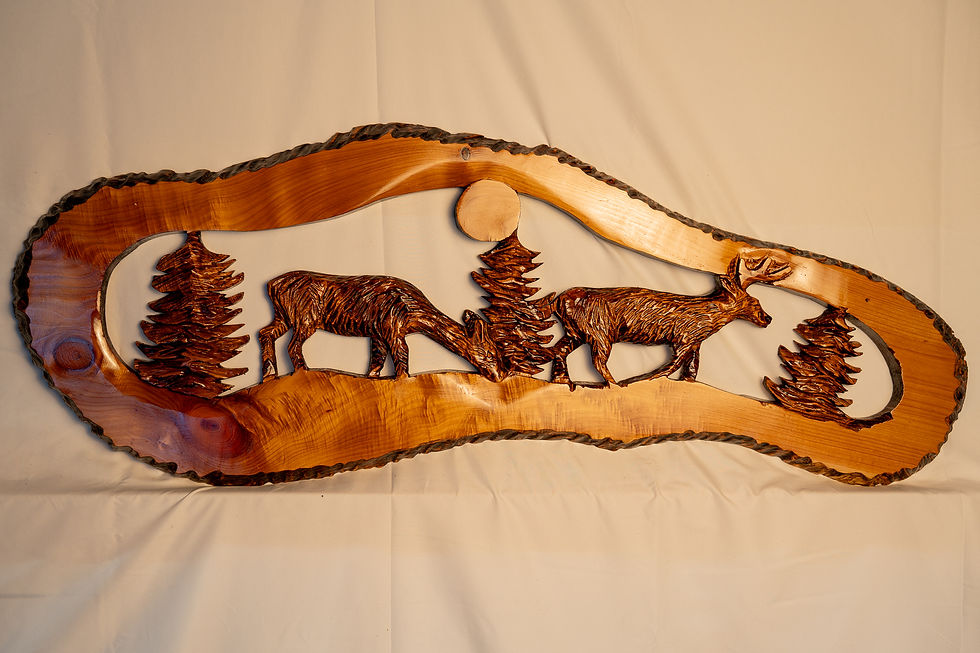 Rustic craftsmanship gives this carved deer piece its own personality.