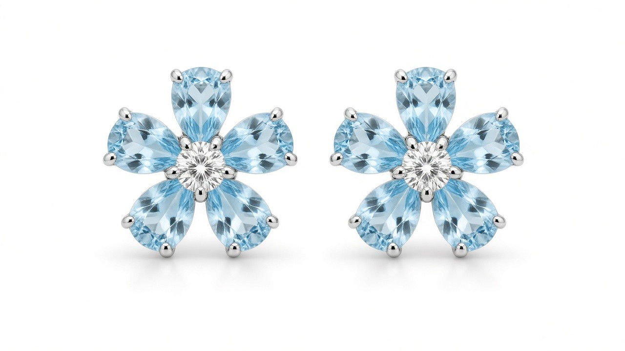 Flower Shaped Diamond & Blue Topaz Cluster Stud Earring
