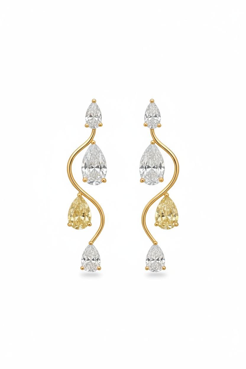 Golden Wave Pear Drop Earrings – White & Yellow Diamond Elegance