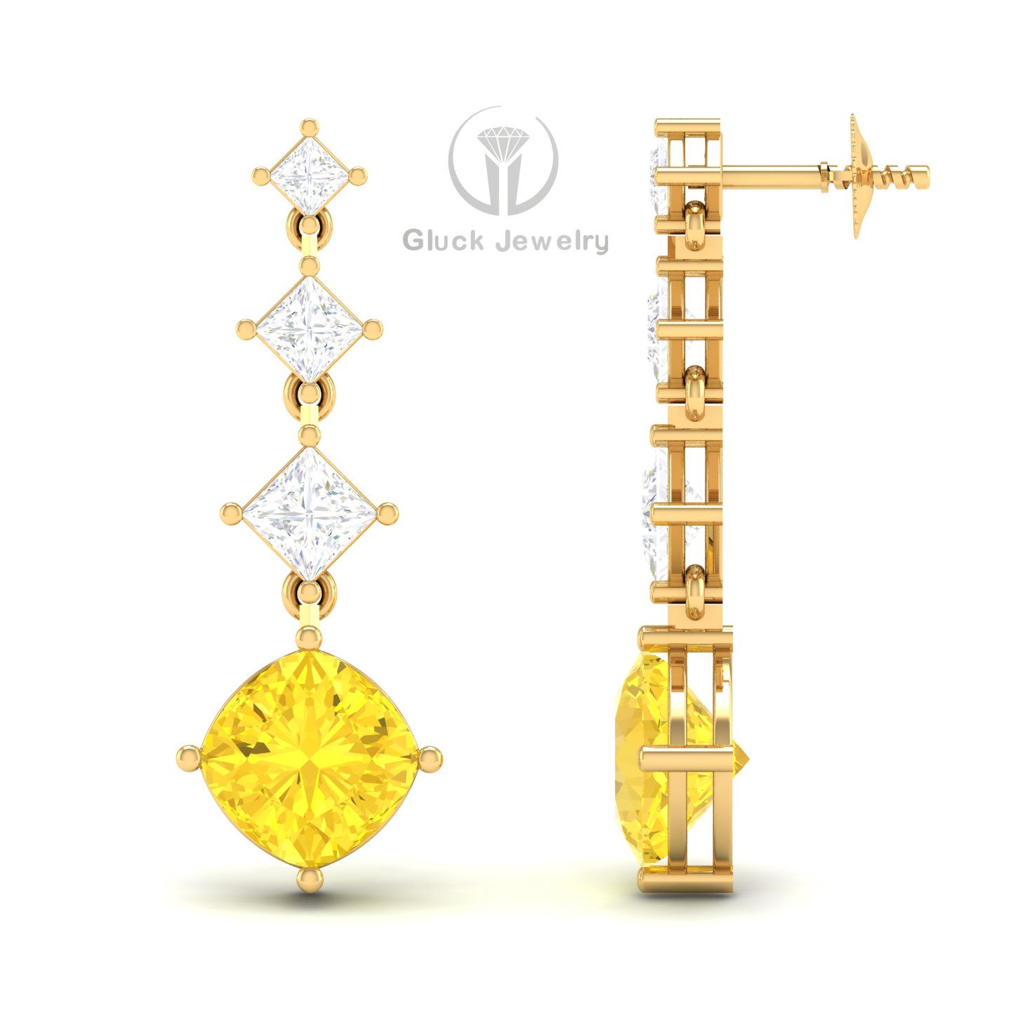 Princess & Cushion Drop Earring with Yellow Sapphire