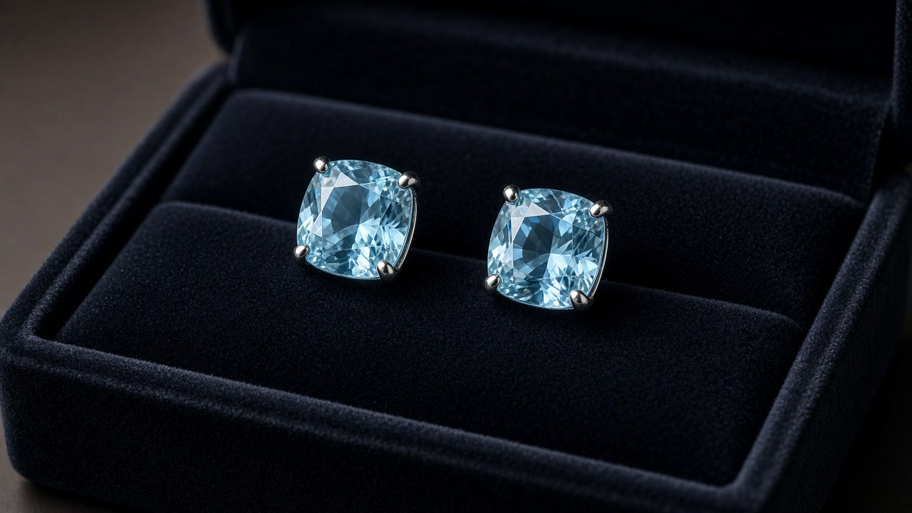 Cushion Cut Sky Blue Topaz Stud Earring