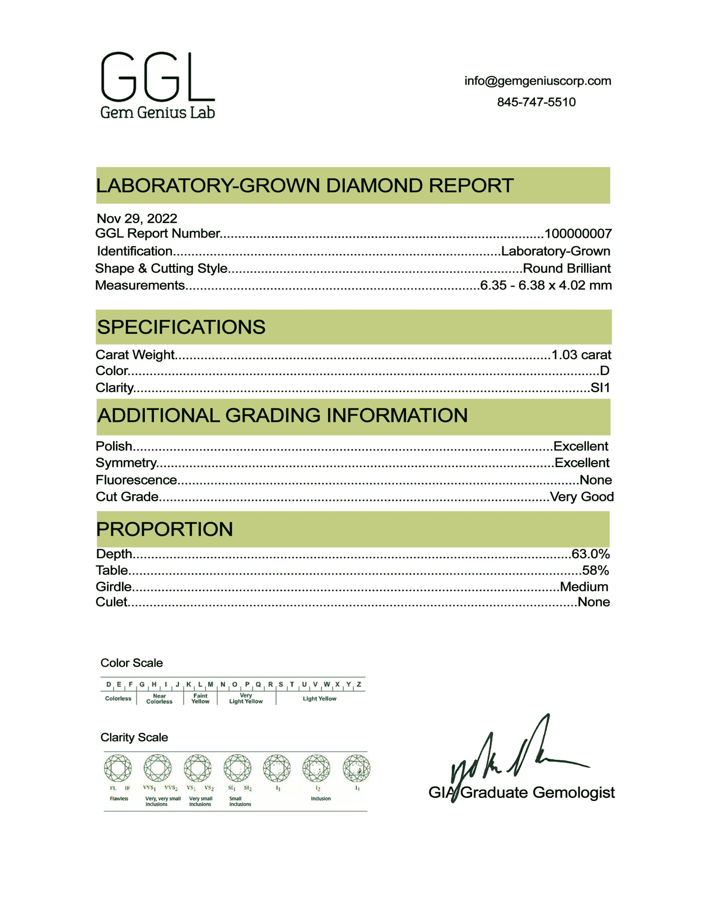 1.03ct D SI1 Round Brilliant Lab Grown Diamond