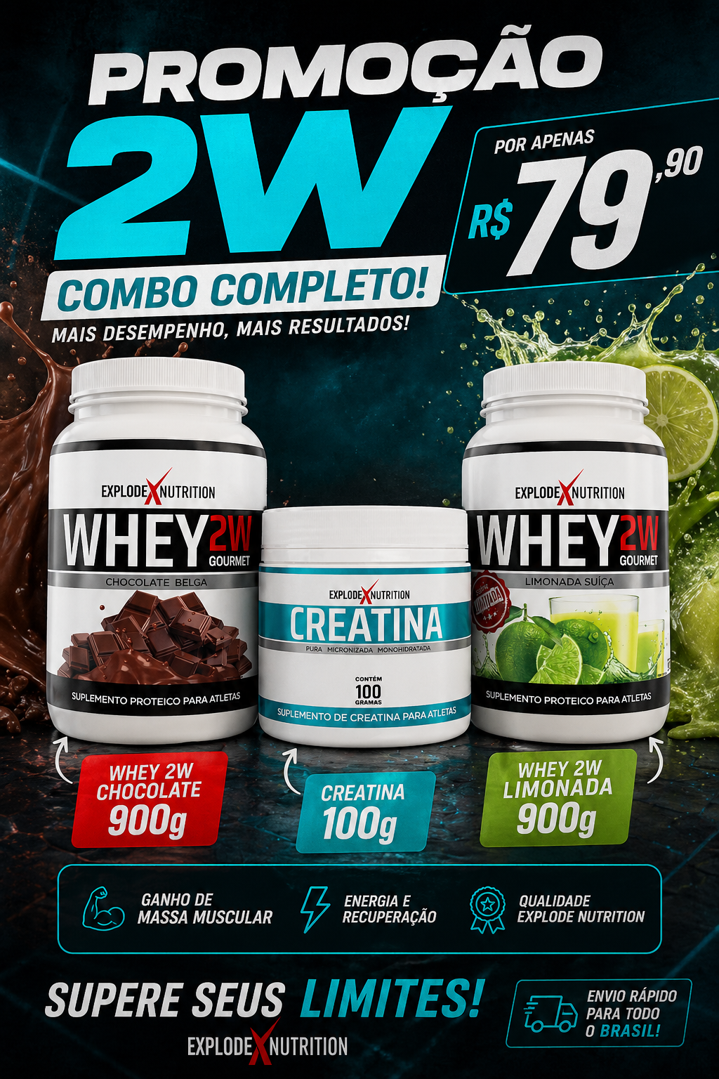 Combo Whey 2W Chocolate 900g + Whey 2W Limonada 900g +Creatina 100g