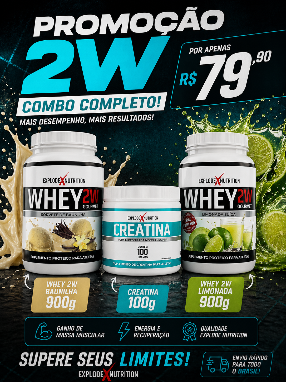 Combo Whey 2W Morango 900g + Whey 2W Limonada 900g +Creatina 100g
