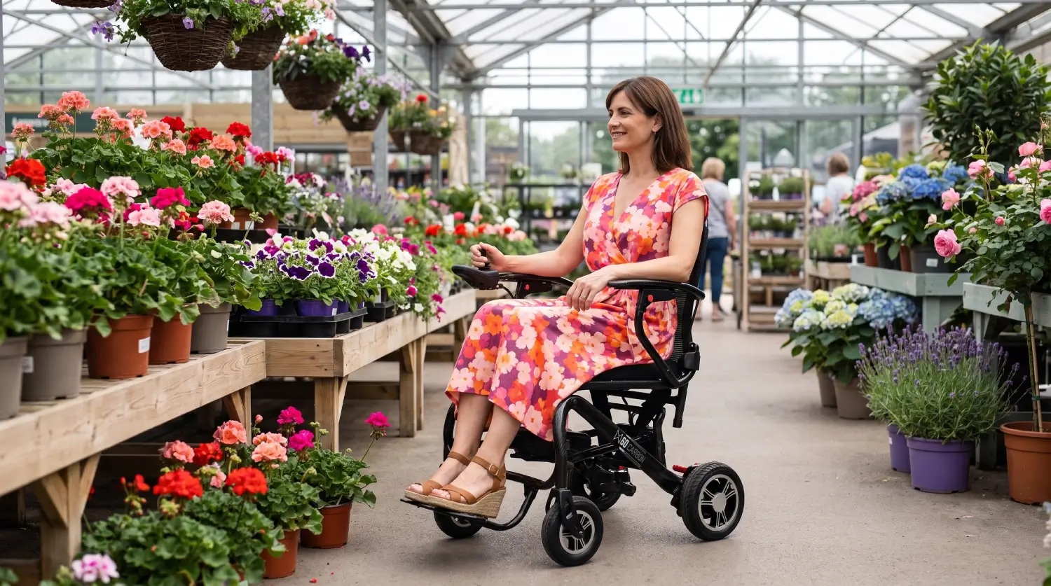 Powerchair user enjoying a visit to a garden centre