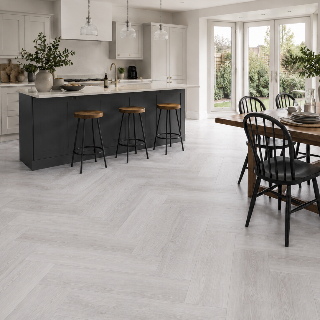 PlusFloor Formation Glacial Heather herringbone kitchen flooring