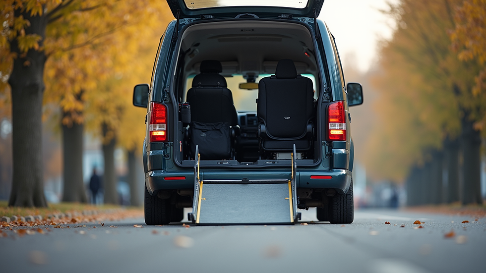 Eye-level view of a wheelchair-accessible van with a ramp extended