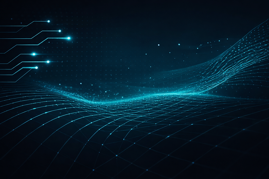 Digital wave pattern, glowing circuit elements, representing secure data technology.