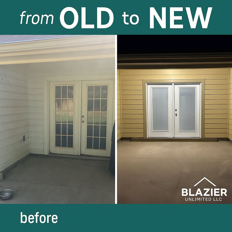 Before and after image, old to new, showing french doors, Blazier Unlimited.