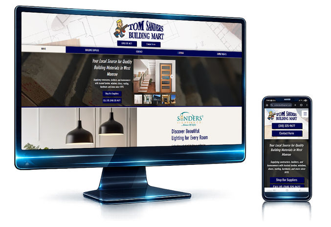 TOM SAWYER BUILDING MART website, SHOP NOW, shown on desktop and mobile.