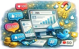 Social media marketing, G Ads, analytics, likes 100, 250, 50.