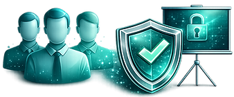 Team of professionals with security shield and padlock on screen.