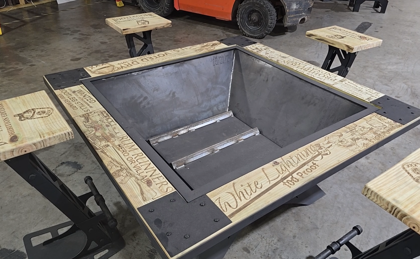 Custom woodworking Monroe LA fire pit table with stools