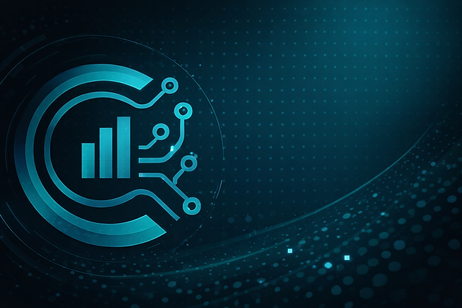 Glowing blue-green bar chart icon with circuit board elements, digital technology background.