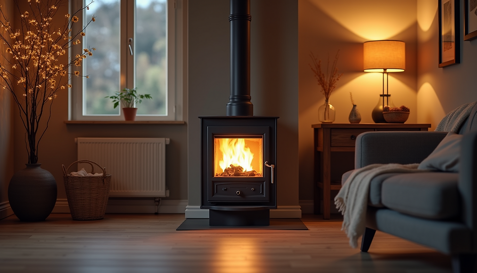 Eye-level view of a Harman Absolute Series pellet stove installed in a cozy living room