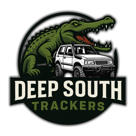 Green alligator and white off-road vehicle logo, Deep South Trackers.