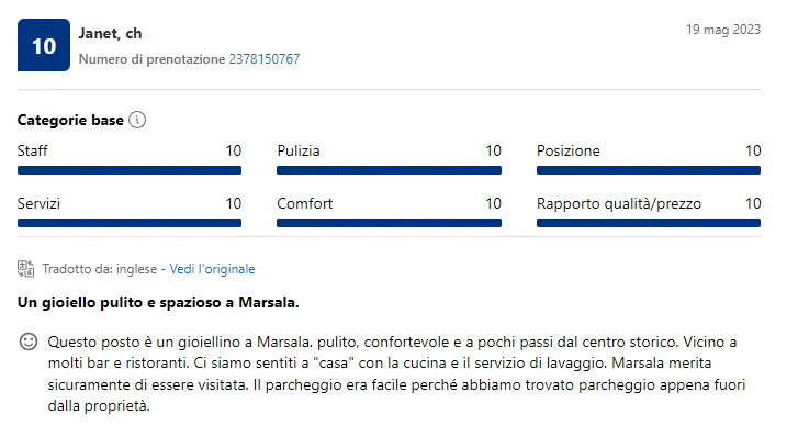 Questo posto è un gioiellino a Marsala. pulito, confortevole e a pochi passi dal centro storico. Vicino a molti bar e ristoranti. Ci siamo sentiti a "casa" con la cucina e il servizio di lavaggio. Marsala merita sicuramente di essere visitata. Il parcheggio era facile perché abbiamo trovato parcheggio appena fuori dalla proprietà.