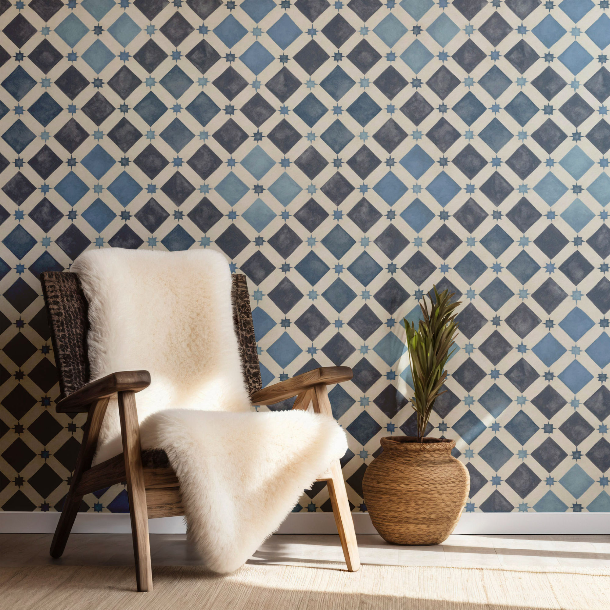 Blue Zellige mosaic wallpaper for dollhouse, 1:12 & 1:6 scale, with deep tile design on cool background