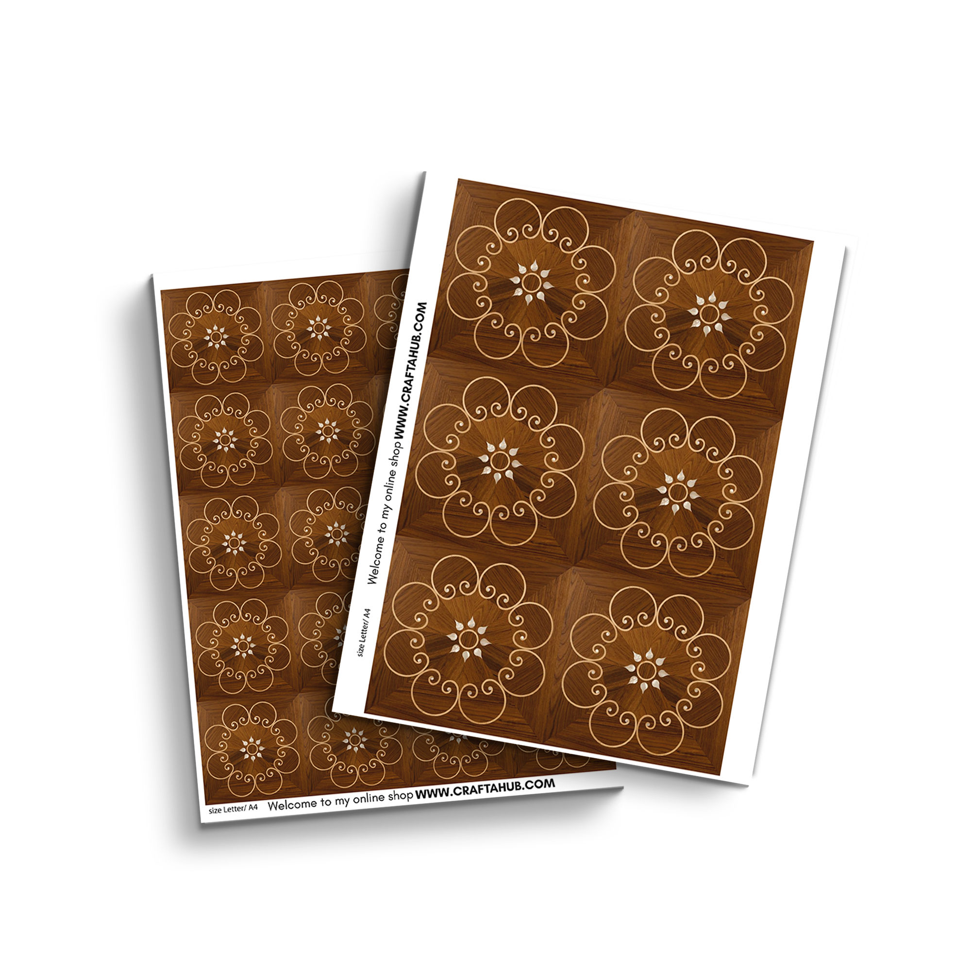 Floral mosaic parquet flooring close-up — warm walnut wood with ivory floral inlay pattern for 1:12 dollhouse interiors