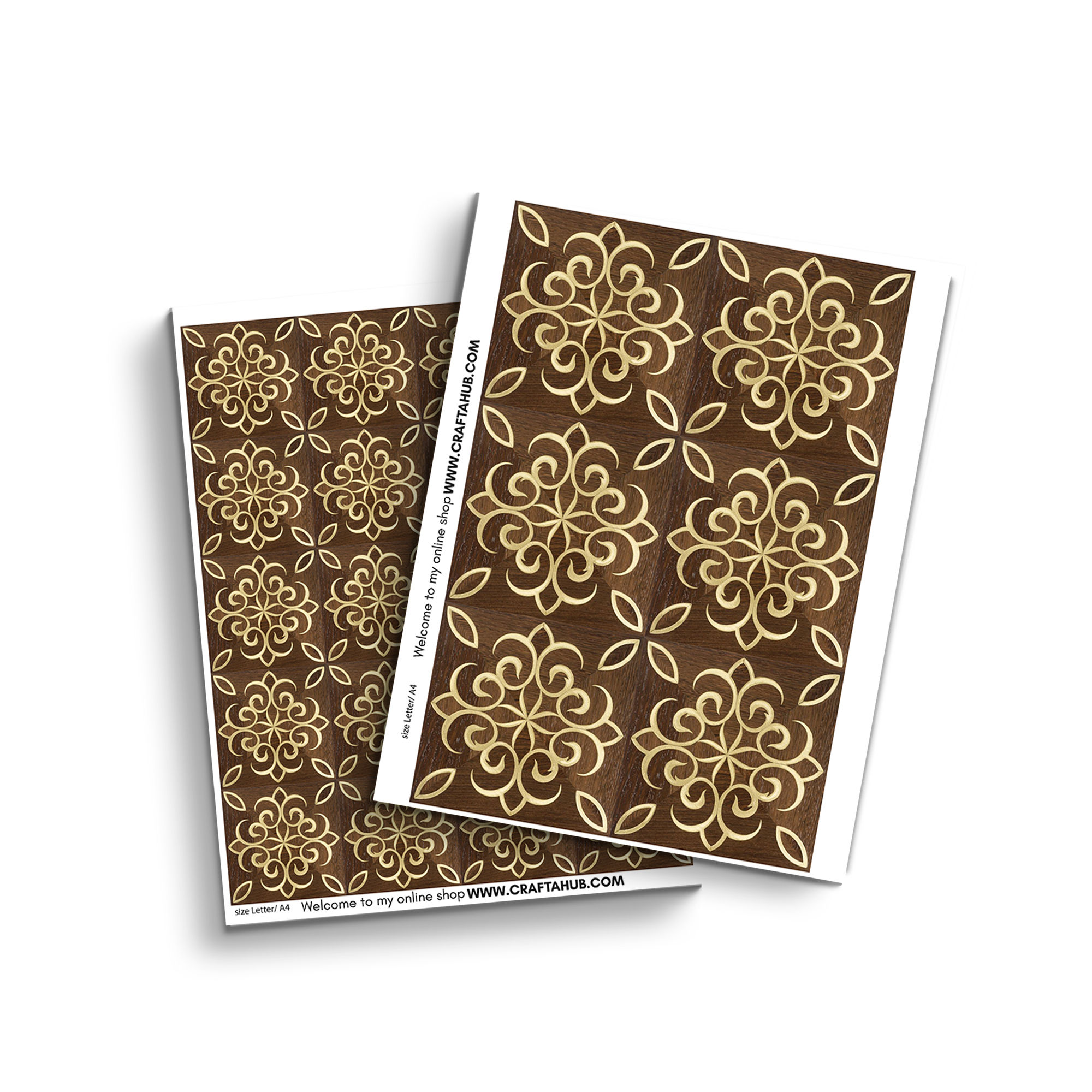 Damask inlay parquet flooring close-up — dark walnut wood with golden ornate floral pattern for 1:12 dollhouse interiors