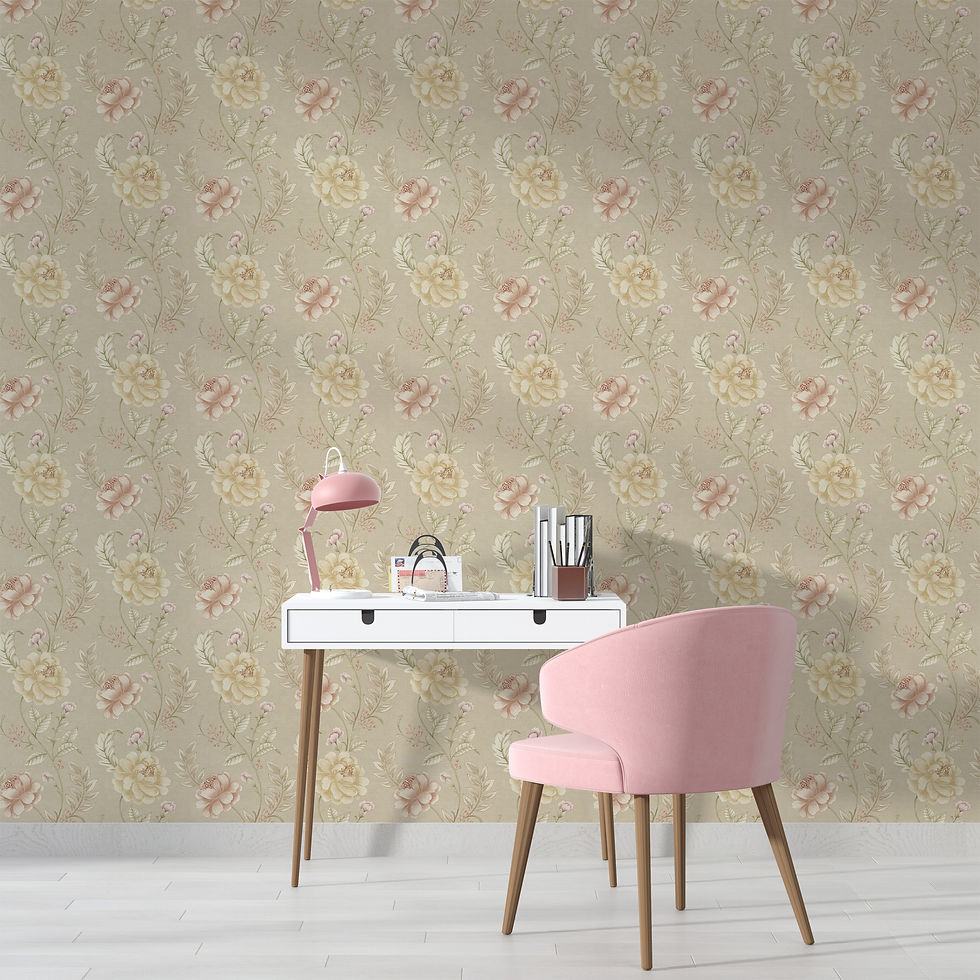 Thumbnail: Cream rose wallpaper detail for 1:6 dollhouse scale, vintage botanical design with soft pink buds