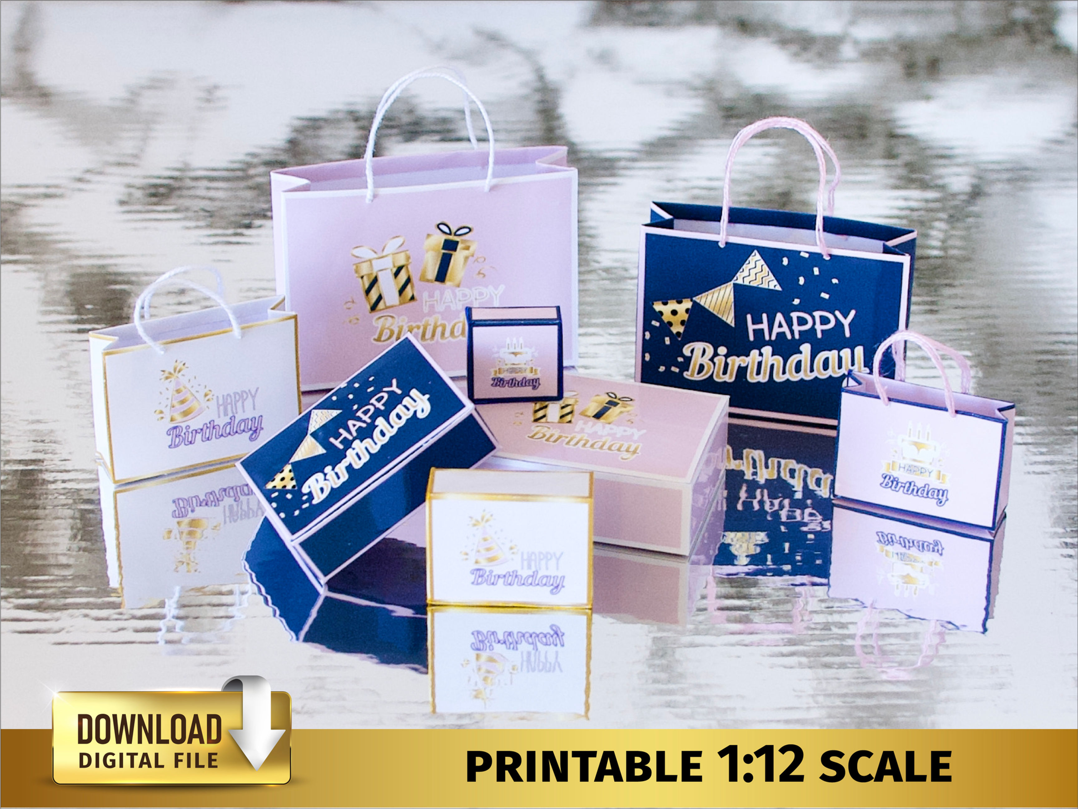 blush Birthday gift box bags packages 1:12 scale Miniatures