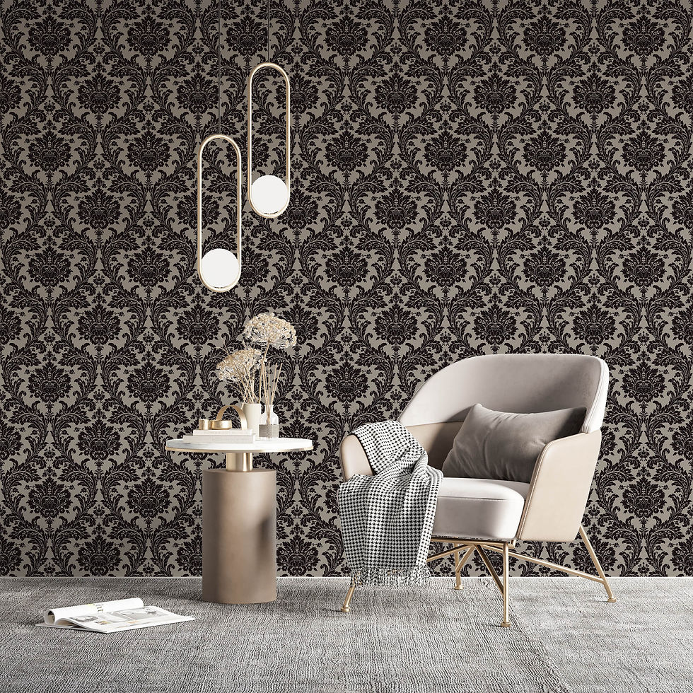 Black and gray Art Deco wallpaper for dollhouse, 1:12 & 1:6 scale, featuring bold geometric floral pattern