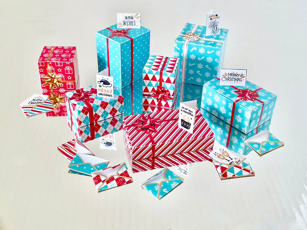 Thumbnail: Blue red Christmas gift BAGS and BOXES miniature Xmas gifts Envelopes Cards