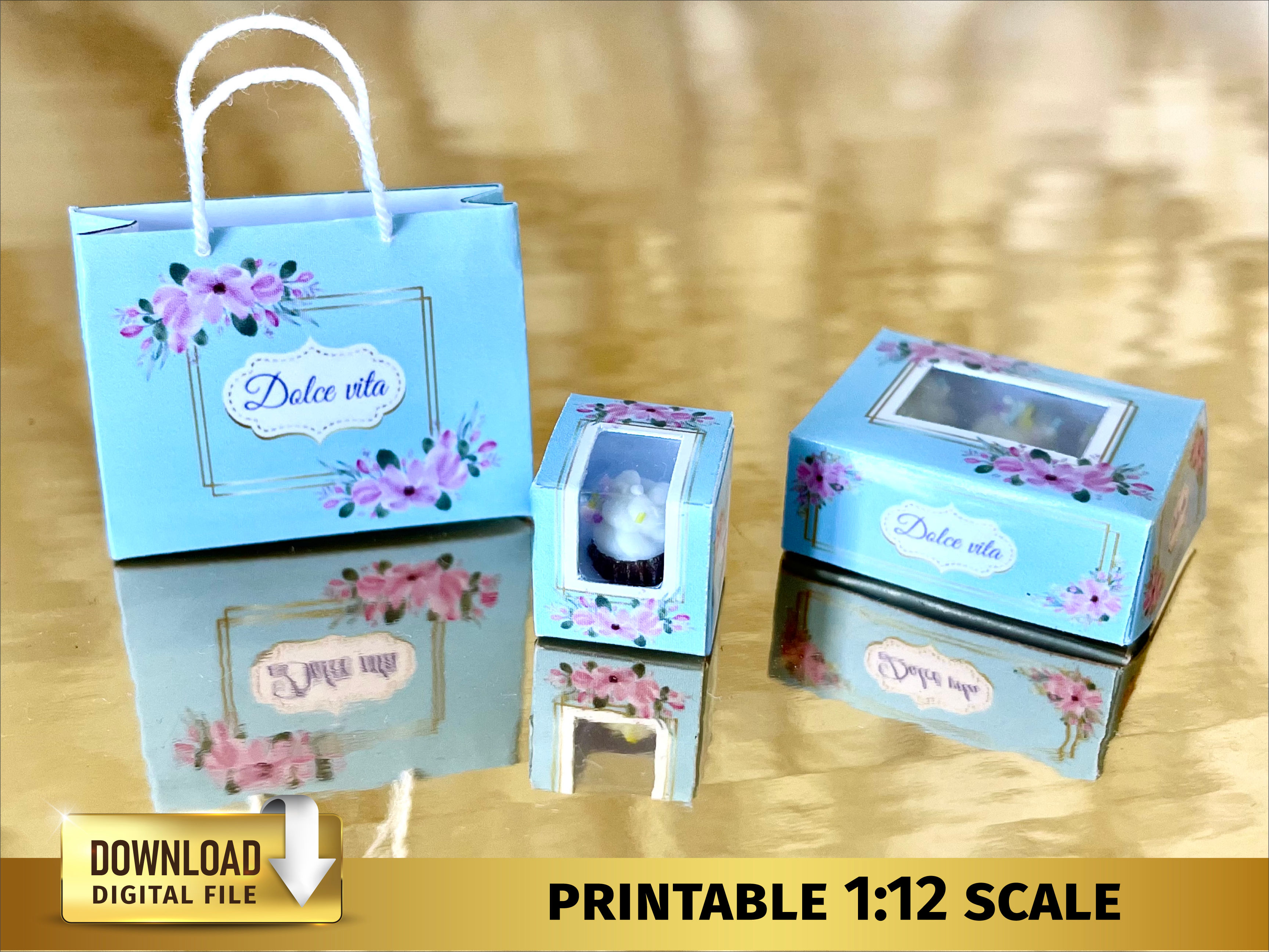 blue Pastry Cupcake BOX BAG dessert miniature sweet bakery 1:12 scale