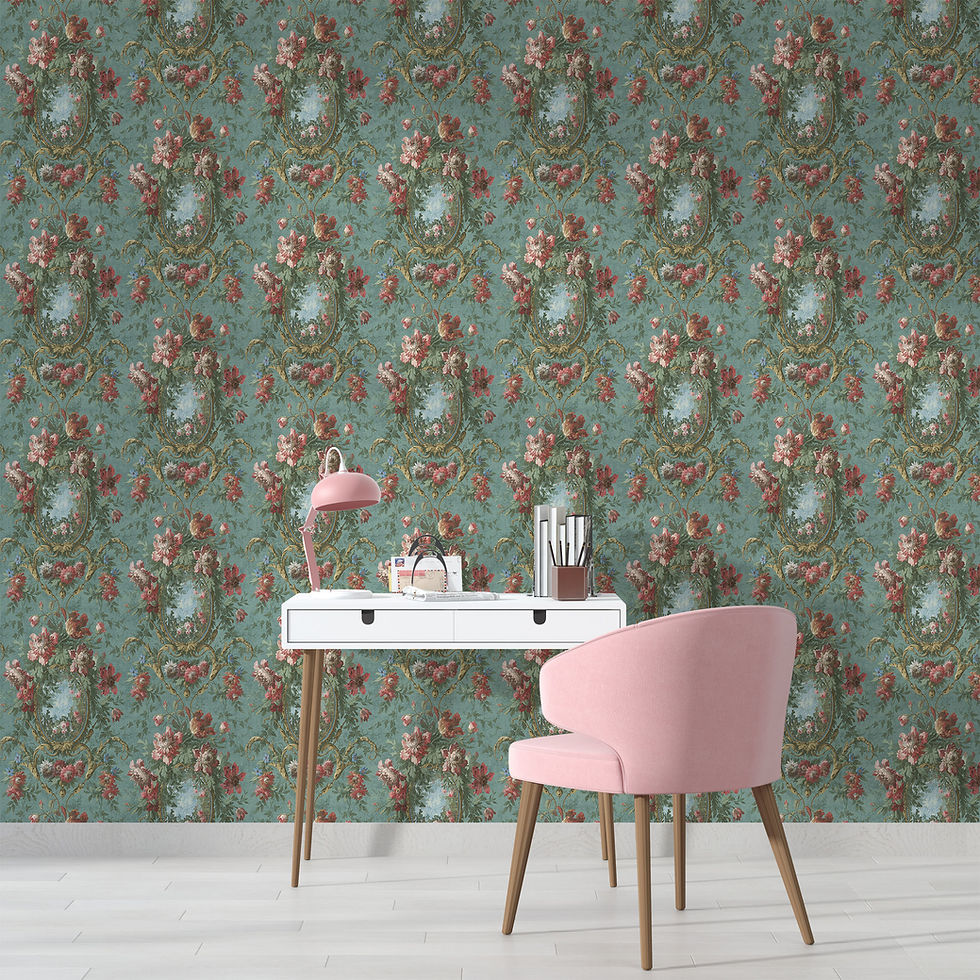 Thumbnail: Wide-angle view of ornate floral print with mirror motifs, perfect for Victorian mansion dollhouse interiors