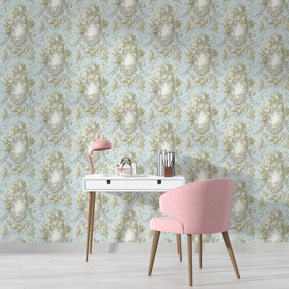 Baroque floral wallpaper close-up for 1:12 dollhouse — blue peonies in ornate medallions on beige linen background