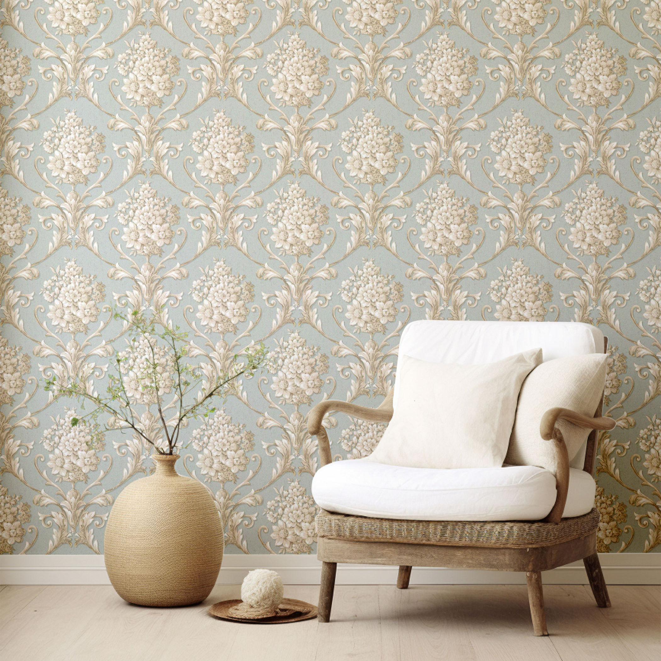 3D embossed damask wallpaper close-up for 1:12 dollhouse — cream florals on soft blue background, raised texture effect