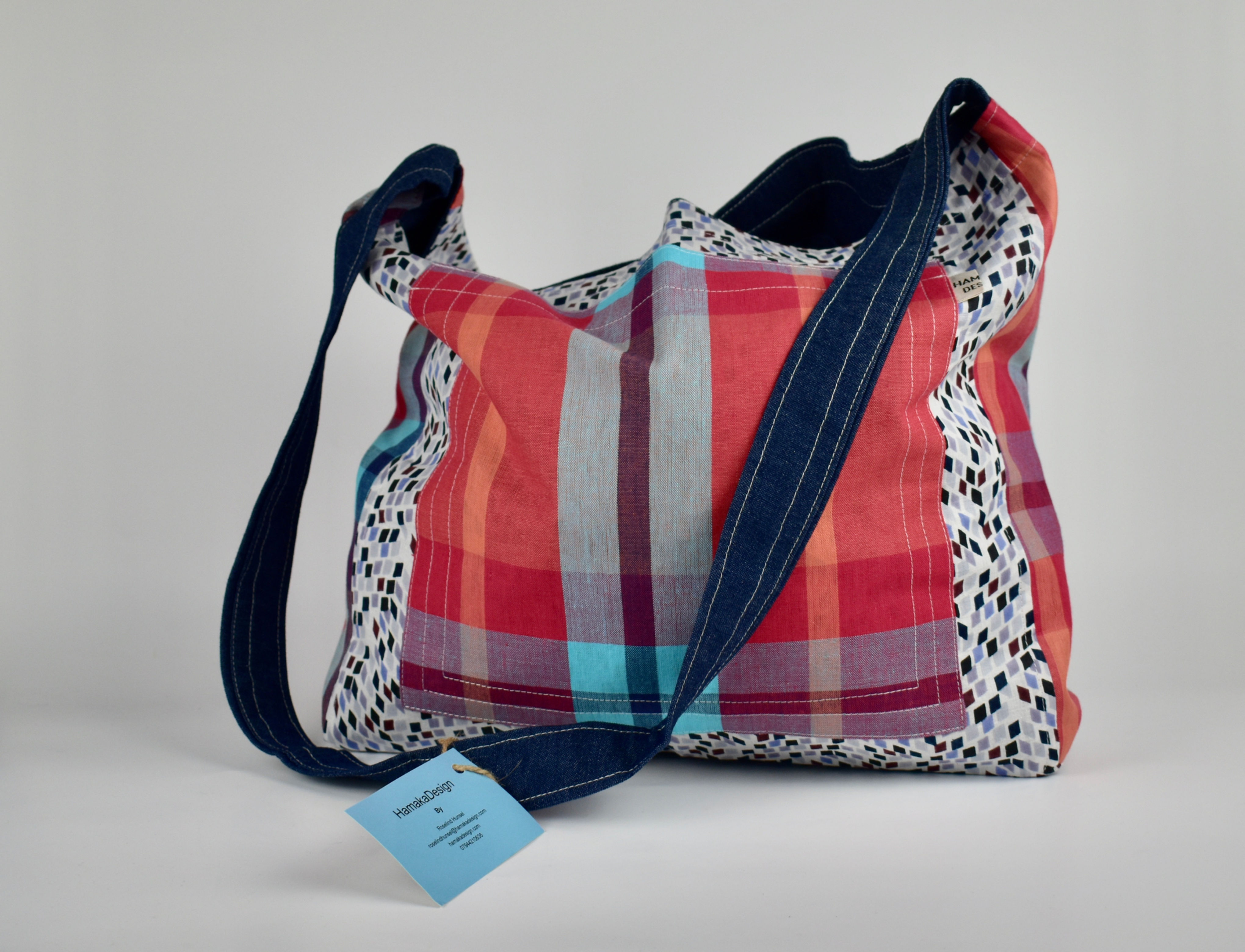 Hamaka x-body Mini squares and Red check pocket- Blue denim