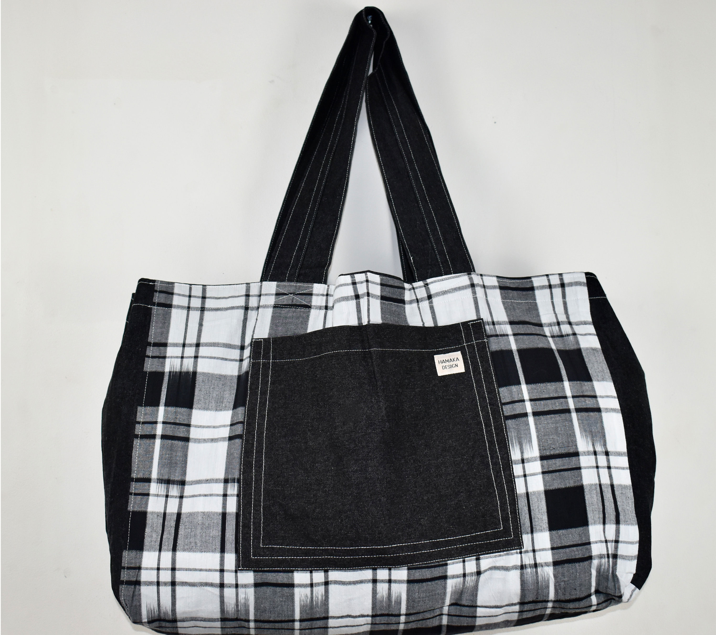 Hamaka Bigi Tote Black denim and white check