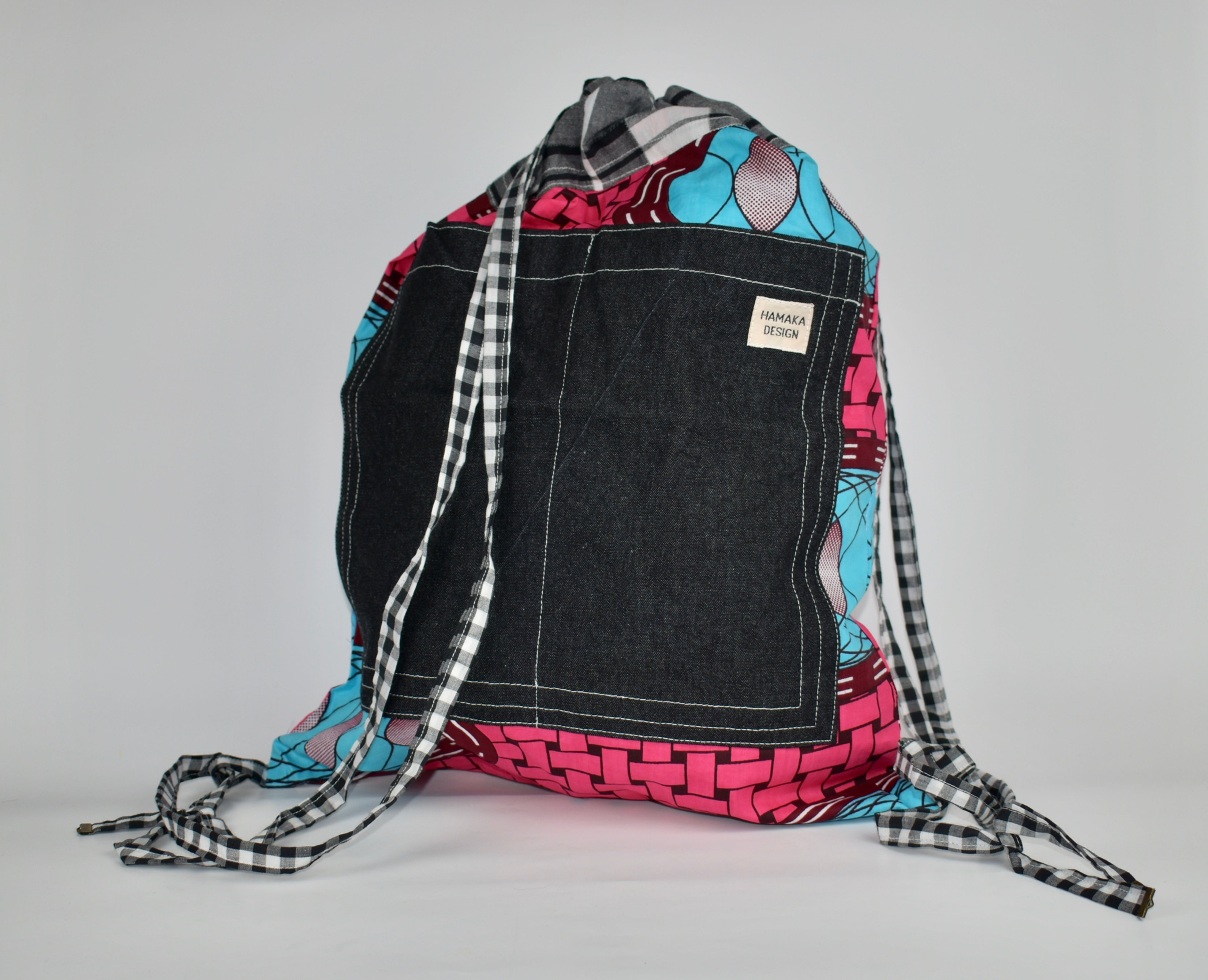Hamaka Back Pack pink weave with black denim pocket
