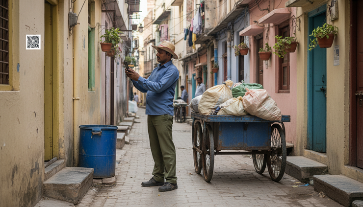 Eye-level view of a sanitation worker scanning a collection point tag